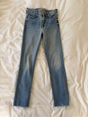 MOTHER Light Blue Skinny Jeans with Raw Hem
